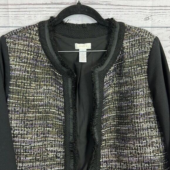 Chicos Blazer Jacket Medium Black Purple Tweed Fringe Metallic Open Textured - Picture 2 of 7